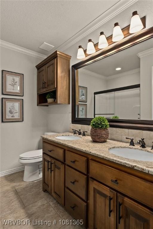 8404 Gatehouse Way, Fort Smith, AR 72916 - bathroom with double vanity, toilet, ornamental molding, baseboards, and a shower
