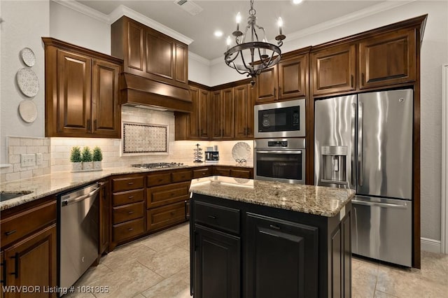 8404 Gatehouse Way, Fort Smith, AR 72916 - kitchen with stainless steel appliances, a chandelier, ornamental molding, tasteful backsplash, and light stone counters
