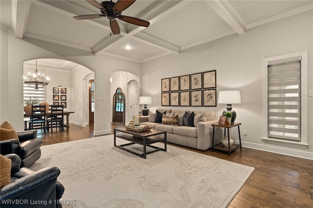 8404 Gatehouse Way, Fort Smith, AR 72916 - living area with arched walkways, a ceiling fan, dark wood-style floors, coffered ceiling, and baseboards