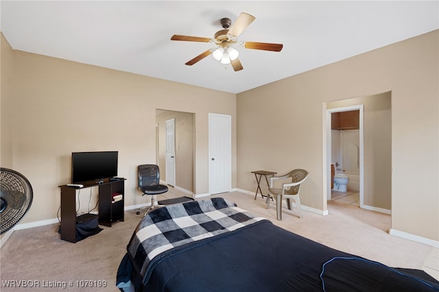 bedroom with light carpet, ceiling fan, and baseboards