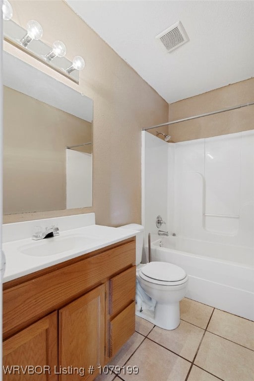 full bathroom with tile patterned flooring, toilet, vanity, visible vents, and  shower combination