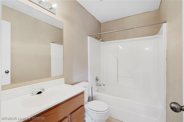 full bath featuring toilet, shower / tub combination, and vanity