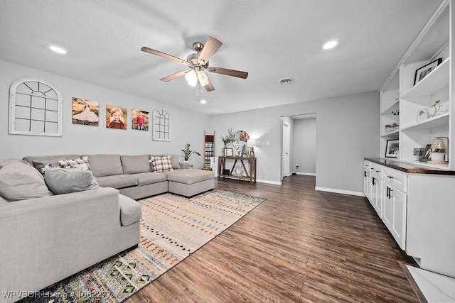 2509 Roxbury Ln, Fort Smith, AR 72908 - living area with a ceiling fan, dark wood-style floors, and recessed lighting