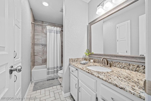 2509 Roxbury Ln, Fort Smith, AR 72908 - bathroom with vanity, shower / tub combo with curtain, and a textured wall