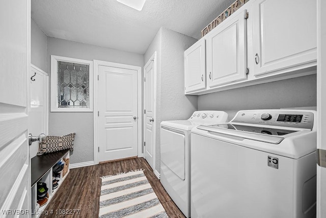 2509 Roxbury Ln, Fort Smith, AR 72908 - washroom with separate washer and dryer, cabinet space, dark wood-style flooring, and a textured ceiling