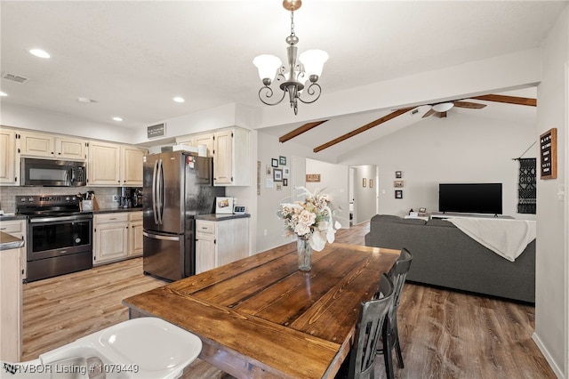 dining space featuring vaulted ceiling with beams, recessed lighting, visible vents, light wood-type flooring, and ceiling fan with notable chandelier