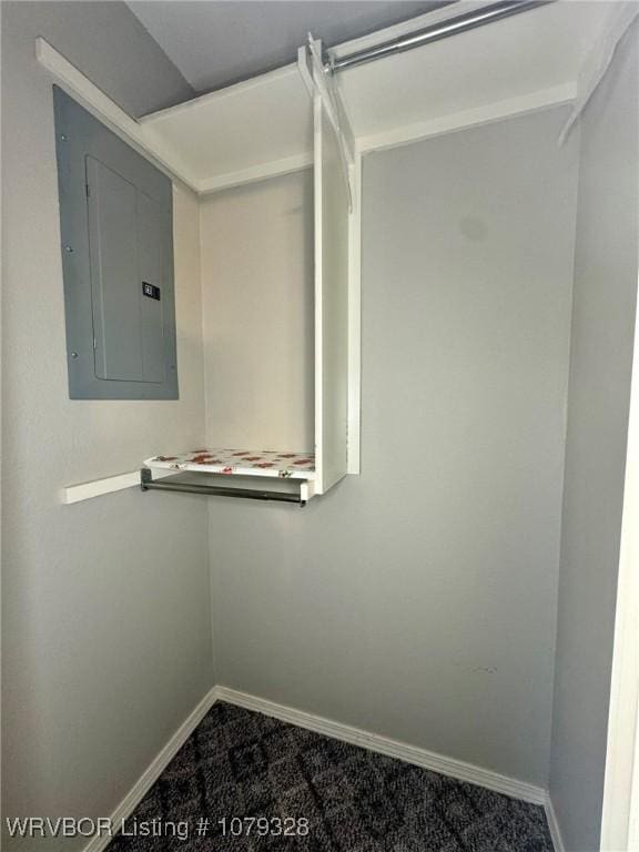 walk in closet featuring dark colored carpet and electric panel