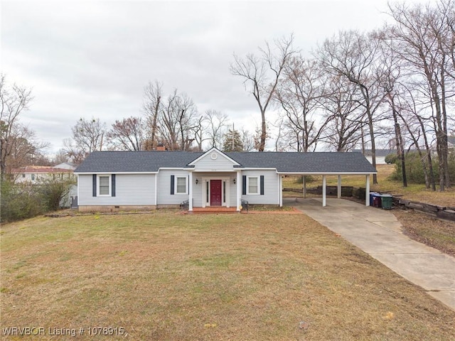 single story home with a front lawn and a carport