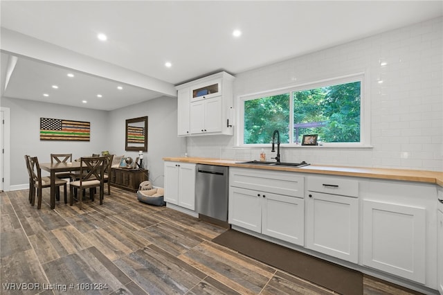 908 N 5th Ter, Barling, AR 72923 - kitchen featuring dishwasher, a sink, butcher block countertops, dark wood-style flooring, and recessed lighting