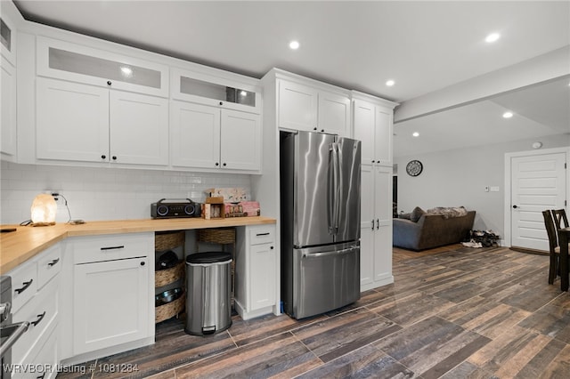 908 N 5th Ter, Barling, AR 72923 - kitchen with freestanding refrigerator, butcher block counters, white cabinets, dark wood-type flooring, and recessed lighting