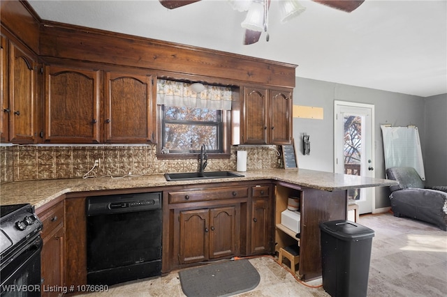 kitchen with ceiling fan, sink, kitchen peninsula, decorative backsplash, and black appliances