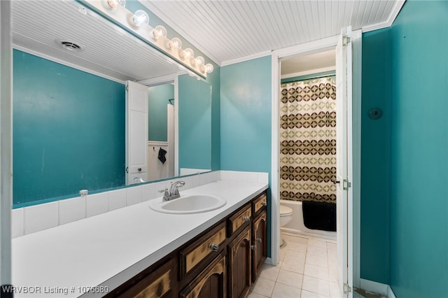 bathroom with a shower with shower curtain, vanity, toilet, and crown molding