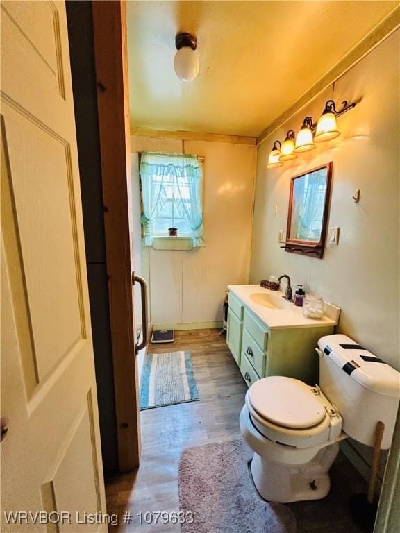 bathroom featuring wood finished floors, toilet, and vanity