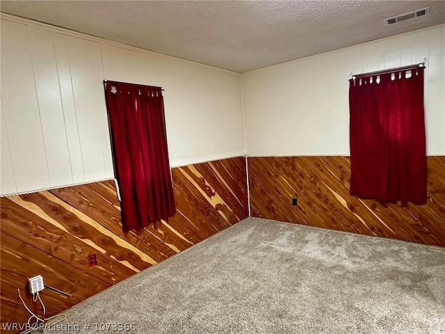 unfurnished room featuring a textured ceiling, carpet floors, and wood walls
