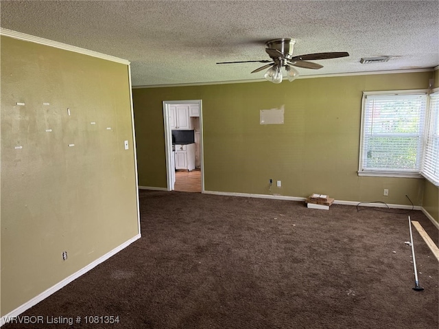 2006 Wolfe Ln, Fort Smith, AR 72901 - carpeted spare room featuring ornamental molding, a ceiling fan, a textured ceiling, and baseboards
