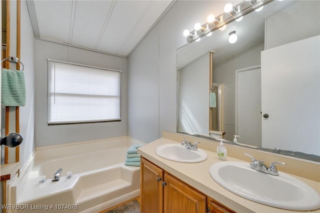 bathroom with plus walk in shower, vanity, and vaulted ceiling