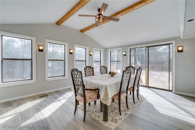 dining area with ceiling fan, light hardwood / wood-style floors, a wealth of natural light, and lofted ceiling with beams