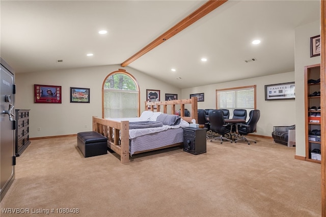 1450 Ulmer St, Greenwood, AR 72936 - bedroom featuring vaulted ceiling with beams, visible vents, recessed lighting, and light colored carpet