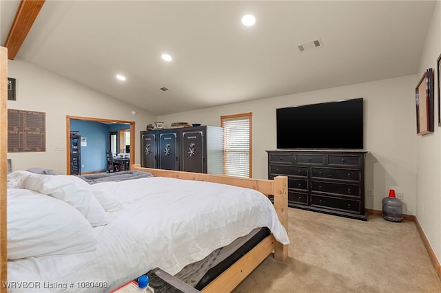 1450 Ulmer St, Greenwood, AR 72936 - bedroom with lofted ceiling with beams, light colored carpet, baseboards, visible vents, and recessed lighting