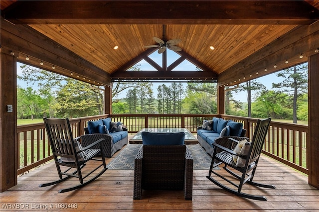 1450 Ulmer St, Greenwood, AR 72936 - wooden terrace with a gazebo, ceiling fan, and an outdoor hangout area
