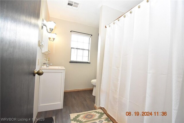 bathroom featuring hardwood / wood-style floors, vanity, and toilet