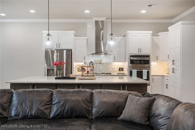 4100 Margate Dr, Fort Smith, AR 72903 - kitchen featuring visible vents, open floor plan, ornamental molding, stainless steel appliances, and wall chimney exhaust hood