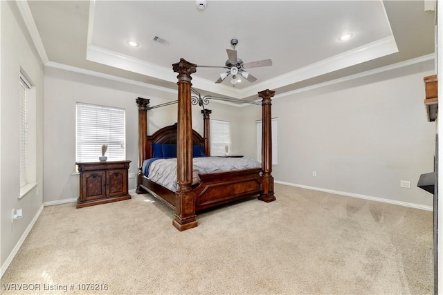 471144 1060th Rd, Muldrow, OK 74948 - bedroom with ornamental molding, visible vents, carpet flooring, a raised ceiling, and baseboards