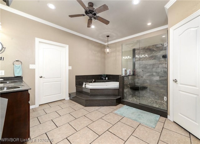 bathroom with tile patterned flooring, separate shower and tub, ceiling fan, and ornamental molding