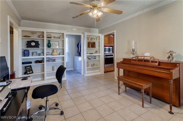 tiled home office with crown molding, ceiling fan, and a textured ceiling