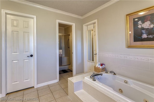 bathroom featuring shower with separate bathtub, crown molding, tile patterned floors, and a textured ceiling