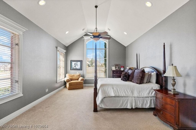 bedroom featuring lofted ceiling, recessed lighting, baseboards, carpet floors, and ceiling fan
