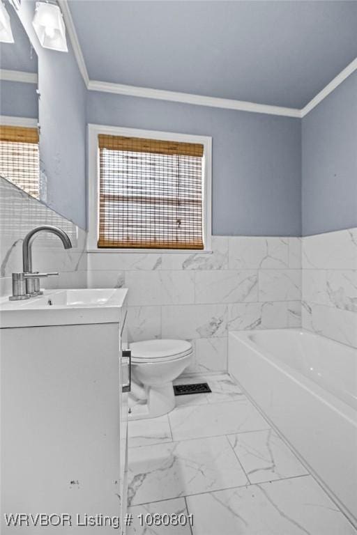 3815 Free Ferry Ln, Fort Smith, AR 72903 - bathroom featuring a bath, marble finish flooring, vanity, toilet, and tile walls