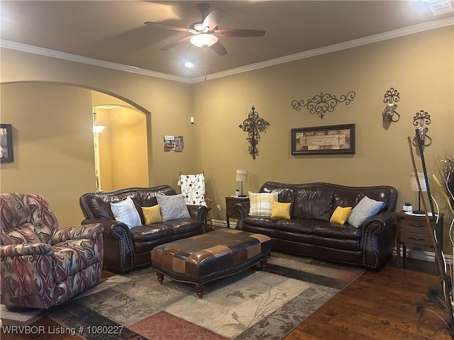 304 Caseys Ct, Lavaca, AR 72941 - living area with arched walkways, wood-type flooring, a ceiling fan, and ornamental molding