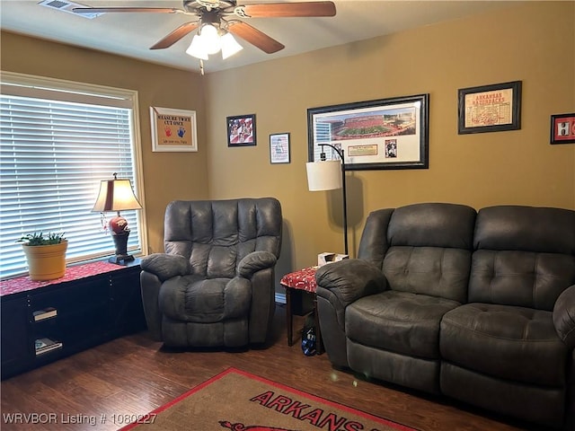 304 Caseys Ct, Lavaca, AR 72941 - living room with a ceiling fan and dark wood-type flooring