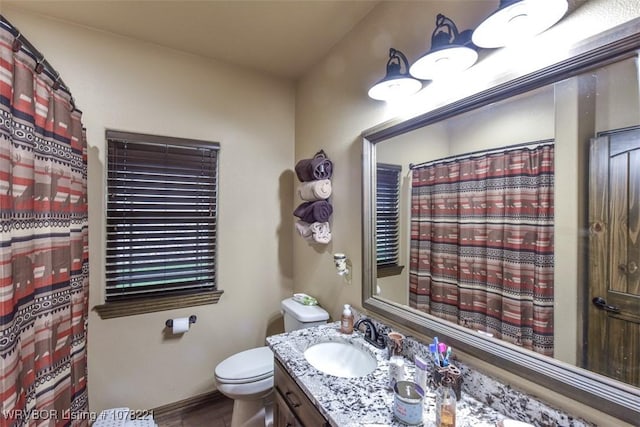 bathroom featuring vanity, toilet, and walk in shower