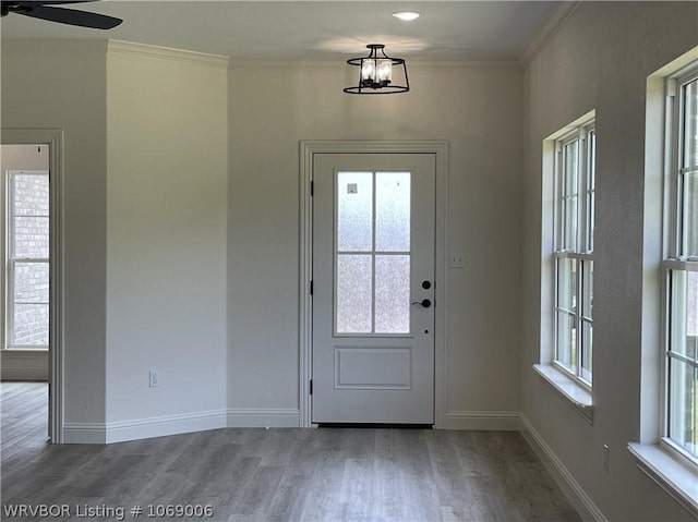 doorway with ceiling fan with notable chandelier, wood-type flooring, and ornamental molding