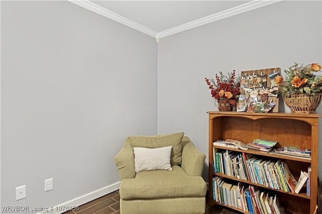 living area featuring crown molding and dark hardwood / wood-style flooring