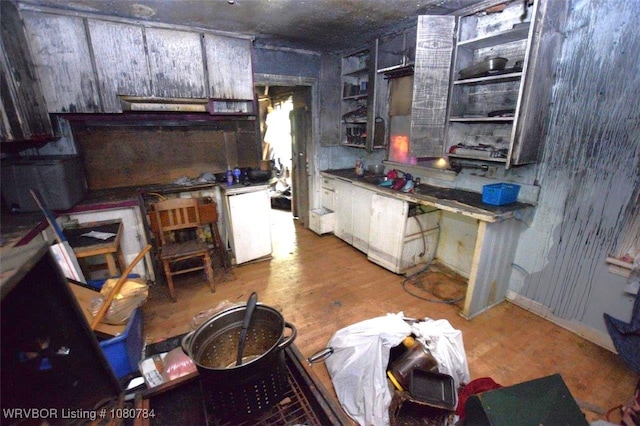 kitchen featuring open shelves, dishwashing machine, and wood finished floors