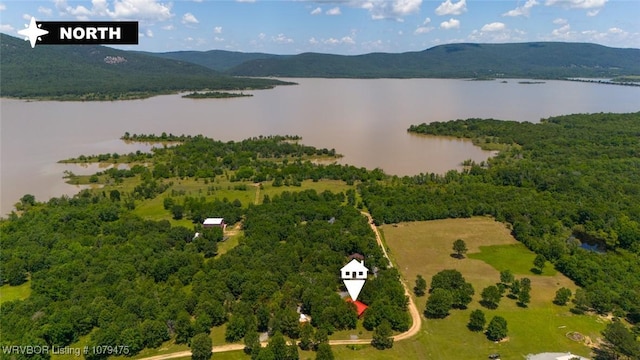 drone / aerial view with a forest view and a water and mountain view