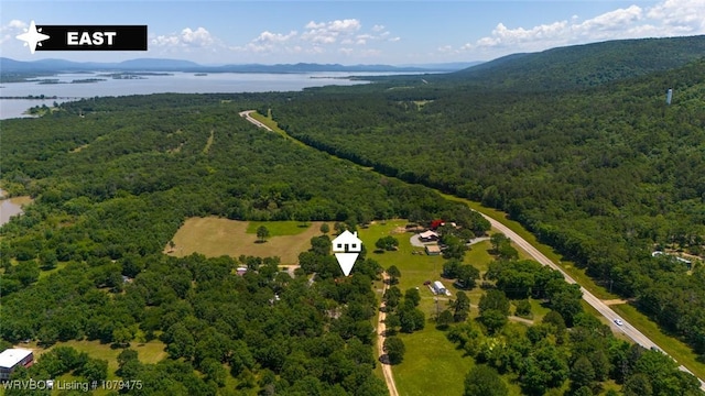 aerial view featuring a view of trees and a water view