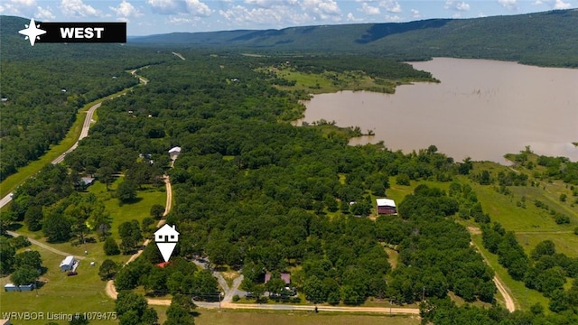 drone / aerial view featuring a forest view and a water view