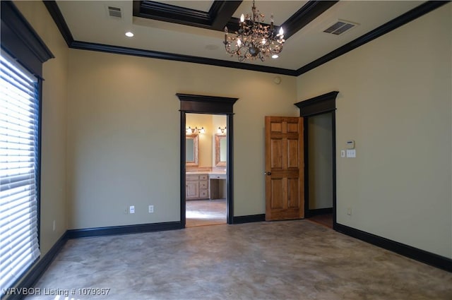 unfurnished room featuring ornamental molding, visible vents, and baseboards