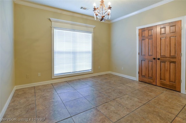 unfurnished room featuring a chandelier, tile patterned flooring, visible vents, baseboards, and crown molding