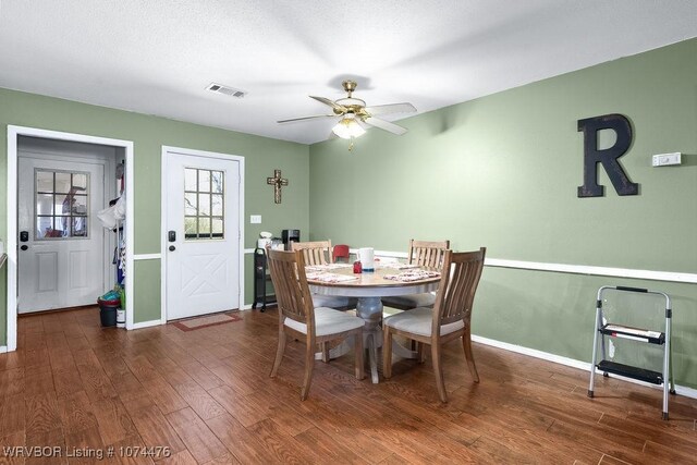 dining space featuring ceiling fan and dark wood-type flooring