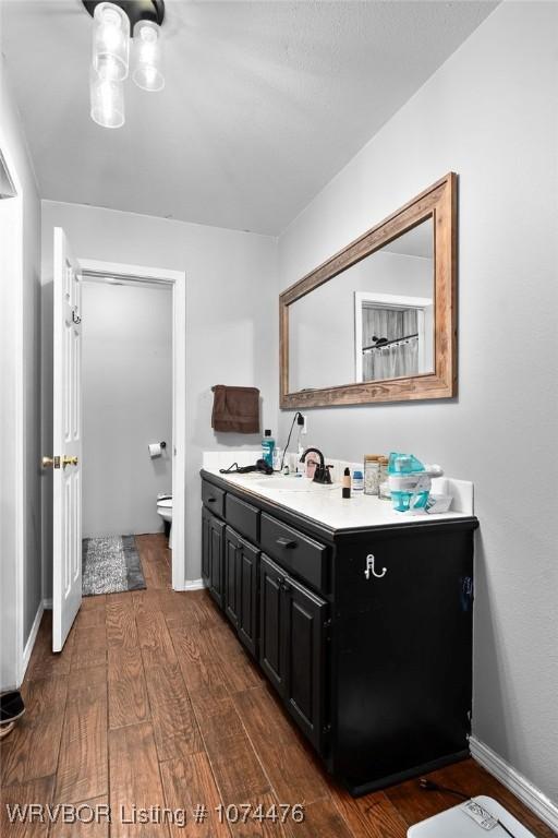 bathroom with vanity, hardwood / wood-style flooring, and toilet