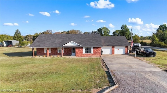 ranch-style home with a garage and a front lawn