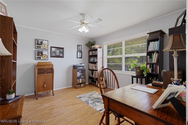 3032 King Dr, Mulberry, AR 72947 - office with crown molding, a ceiling fan, visible vents, light wood finished floors, and baseboards