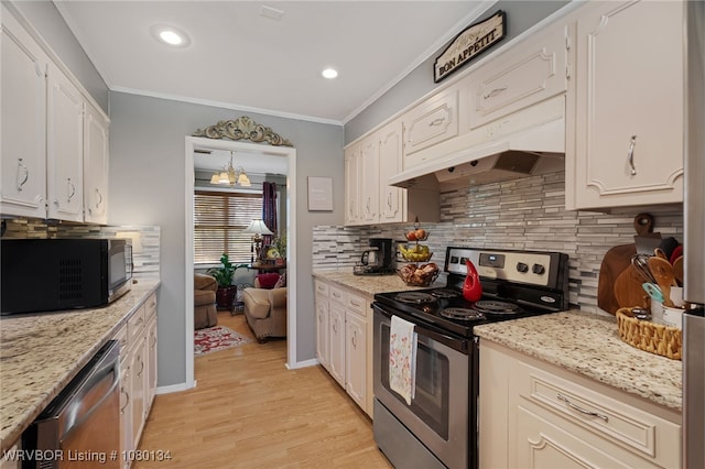 3032 King Dr, Mulberry, AR 72947 - kitchen featuring ornamental molding, white cabinets, light wood-style floors, and stainless steel appliances