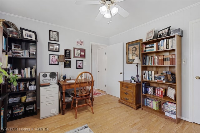 3032 King Dr, Mulberry, AR 72947 - home office featuring light wood-style flooring, ornamental molding, and ceiling fan