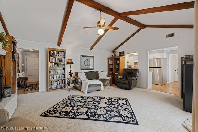 3032 King Dr, Mulberry, AR 72947 - carpeted living room with ceiling fan, vaulted ceiling with beams, and visible vents